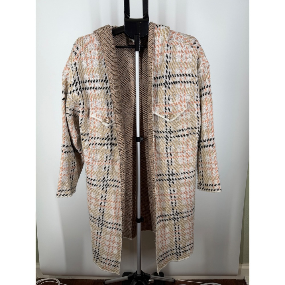 By Design Womens XL Hooded Plaid‎ Duster Cardigan Sweater Tan Orange Longline